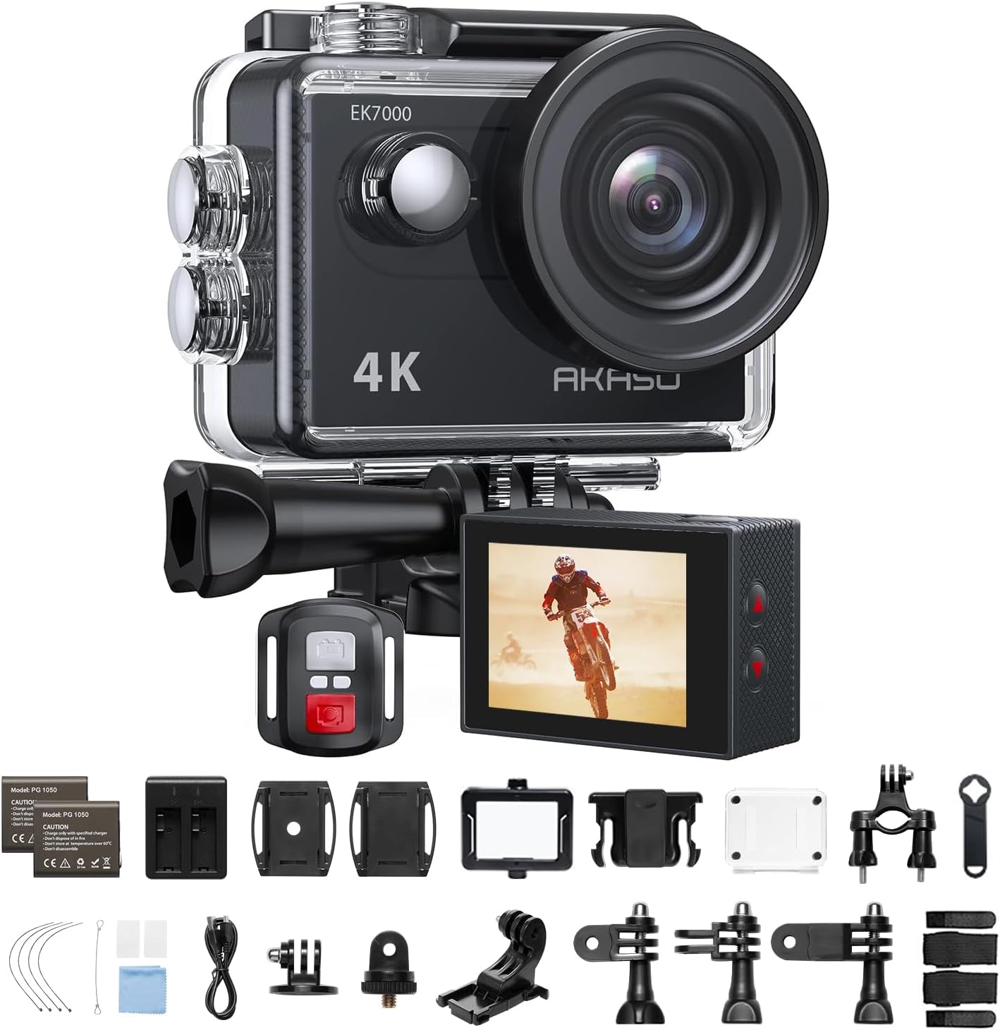 AKASO アクションカメラ EK7000 4K 20MP WiFi防水170度広角 リモコン付き 1050mAhバッテリー2個付き