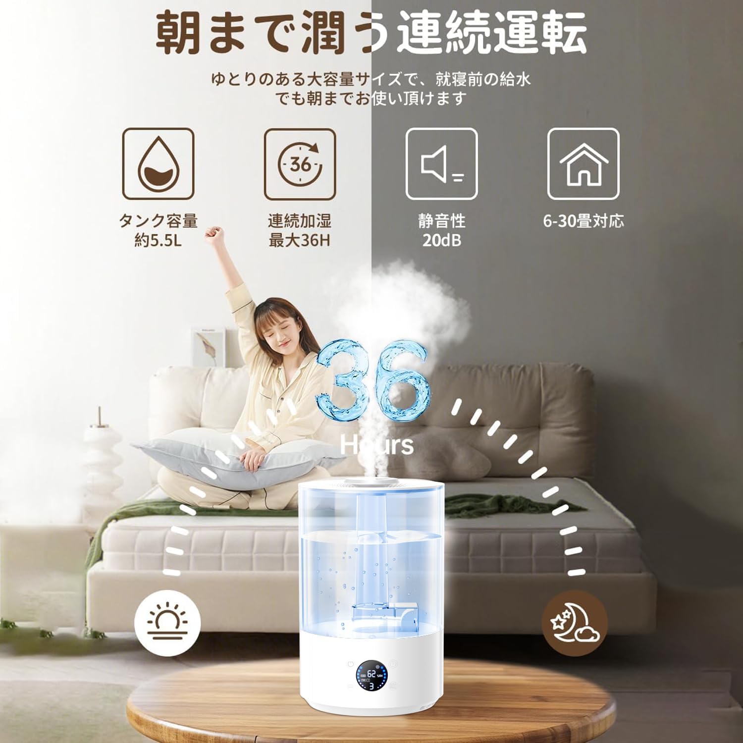 大容量5.5L 卓上加湿器 自動湿度調整 360°回転 吹出口 リモコン操作 省エネ 25畳対応