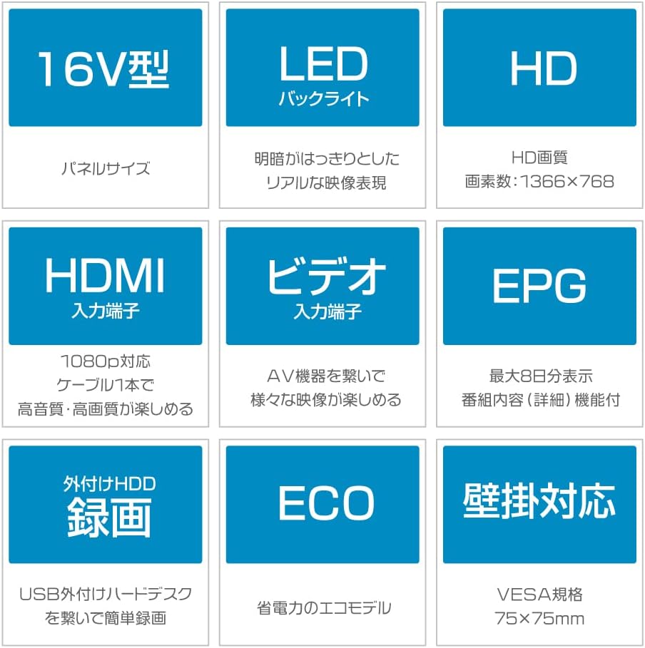 16インチハイビジョン液晶テレビ 地上デジタル 壁掛け対応 録画可能 HDMI端子搭載 メーカー保証1年
