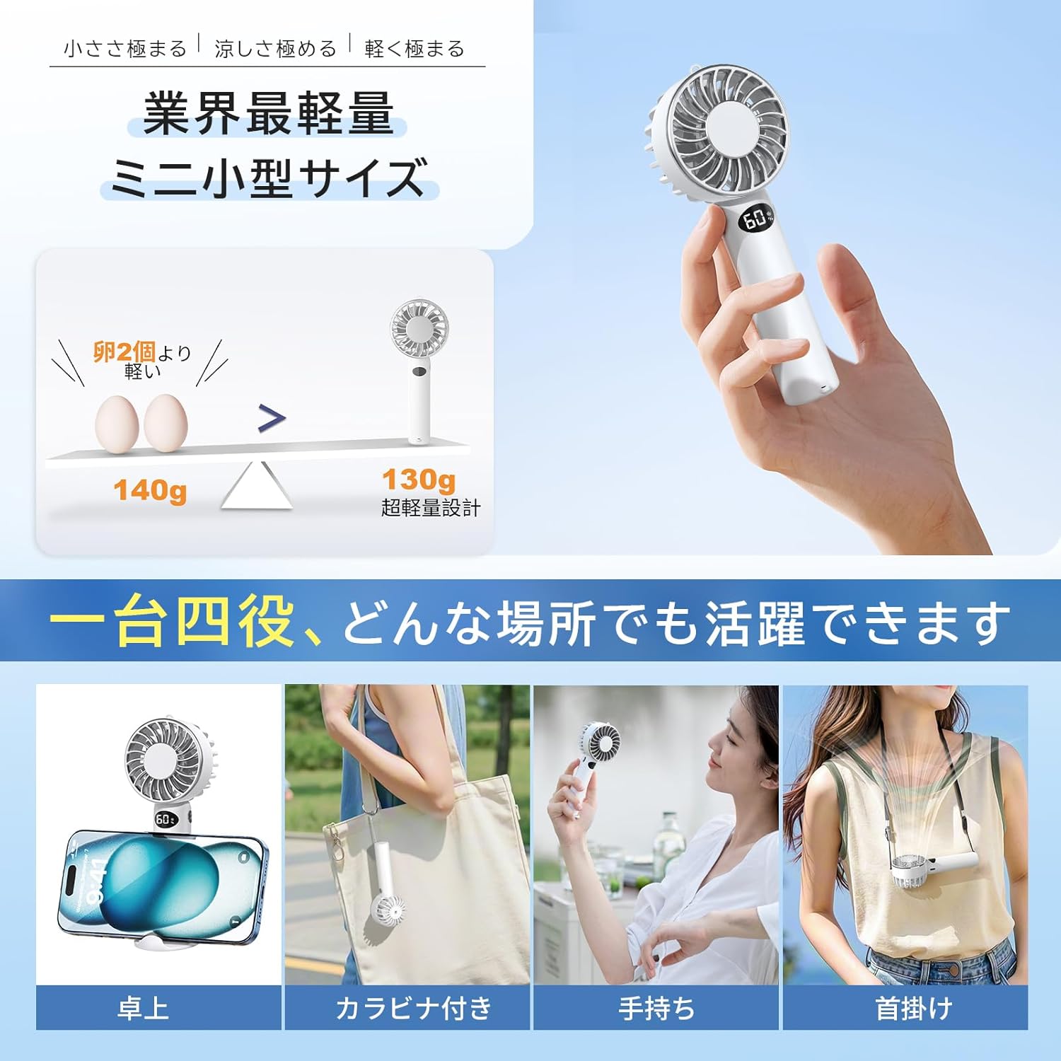 【熱中症対策 業界最軽量130gハンディファン 5段階風量・冷却プレート付き】