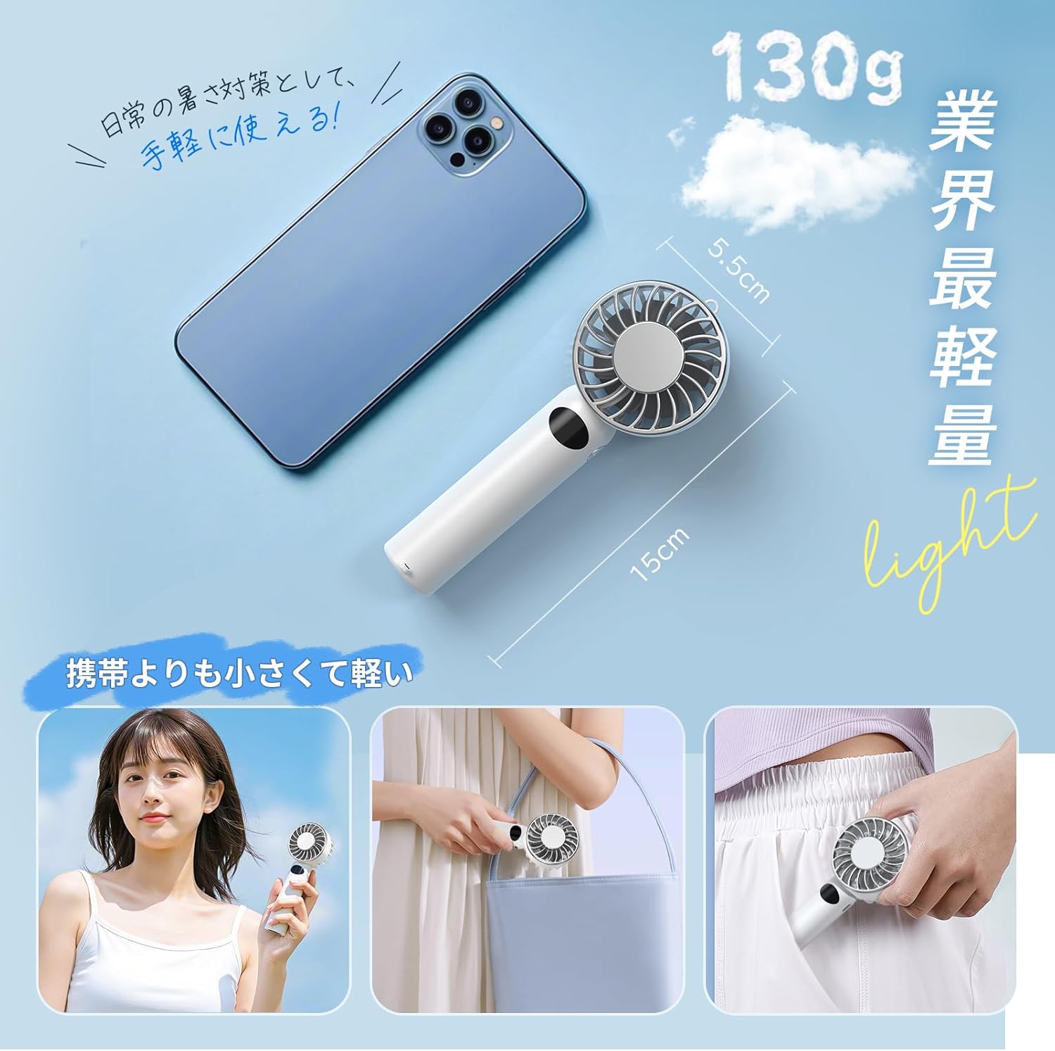 【熱中症対策 業界最軽量130gハンディファン 5段階風量・冷却プレート付き】