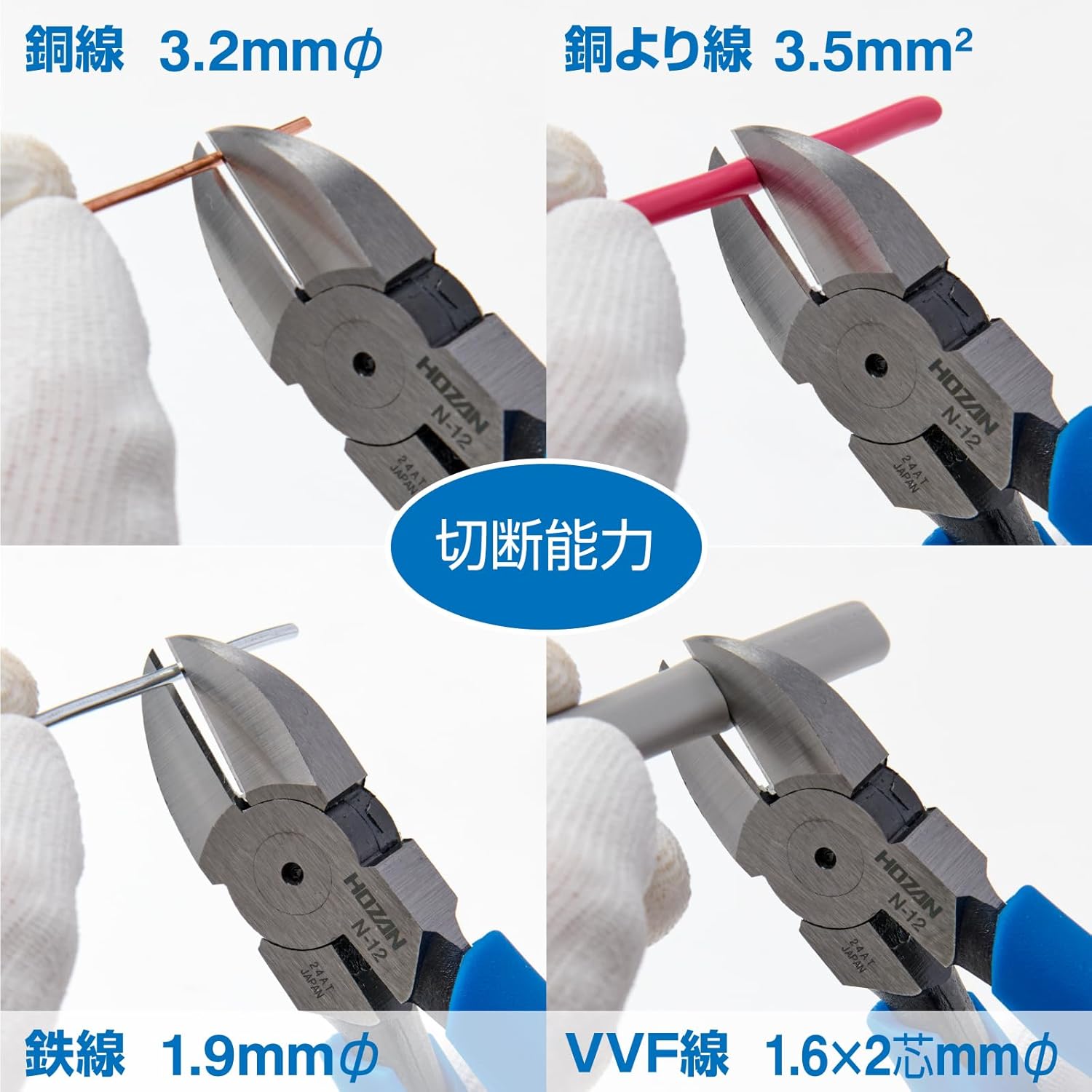 強力な切断力を持つホーザン電工用ニッパー N-12（全長163mm）
