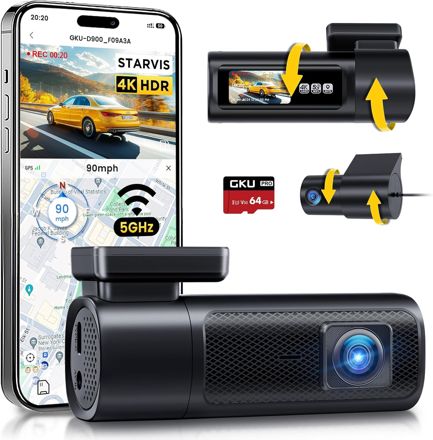 前後2カメラ搭載 4K UHDドライブレコーダー 小型リアルタイム駐車監視 GPS付 800万画素 (D900)