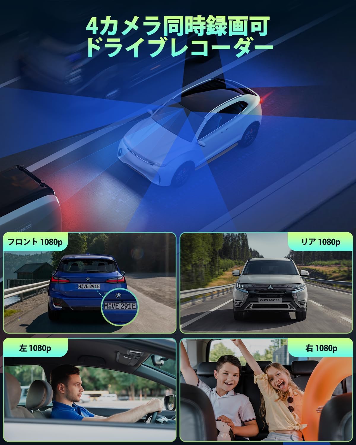 360°全方位保護 1080P ドライブレコーダー 4カメラ 駐車監視 Gセンサー WDR技術 3.16インチ液晶 日本語説明書付き
