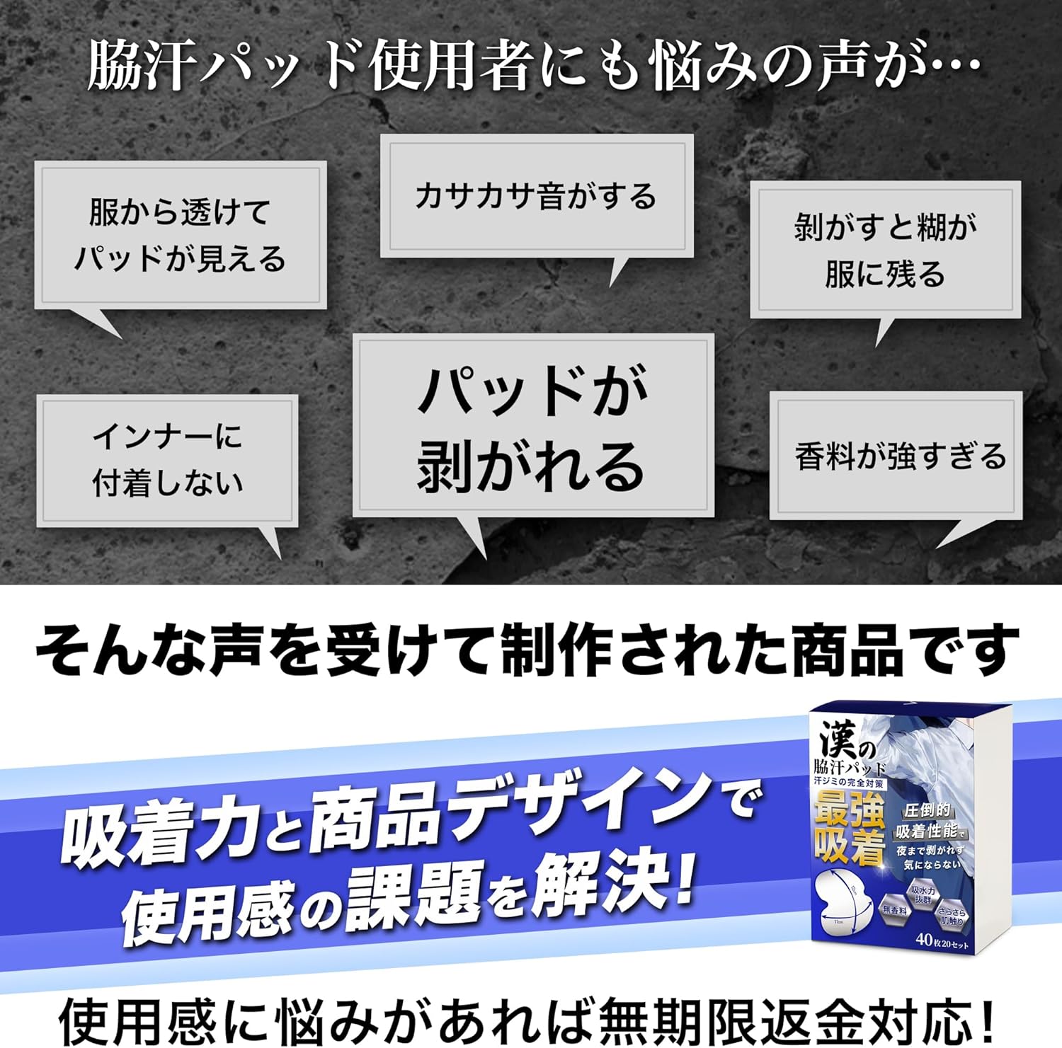 メンズ脇汗パッド 40枚入 汗じみ防止 吸着力最強