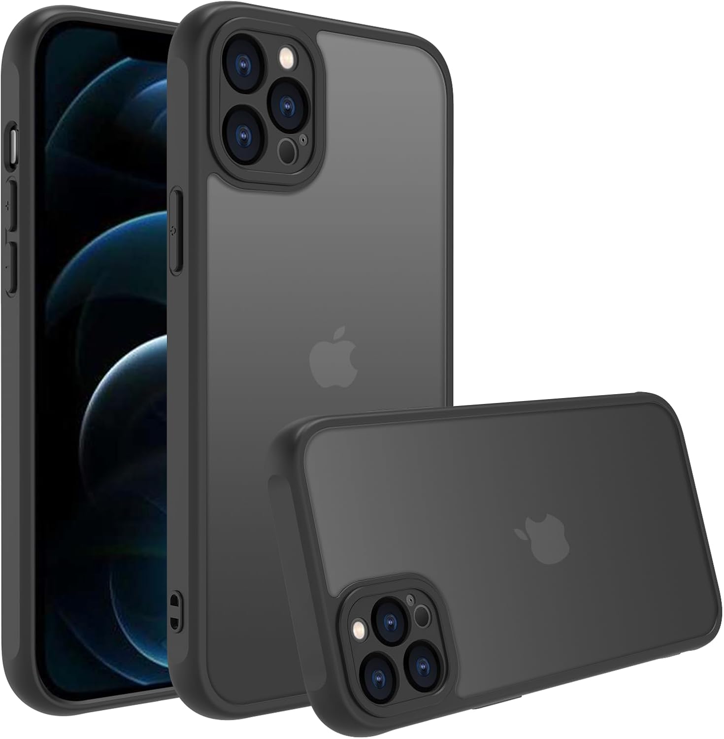 iPhone 12 Pro用耐衝撃マット半透明ケース - 指紋防止・レンズ保護 (ブラック)
