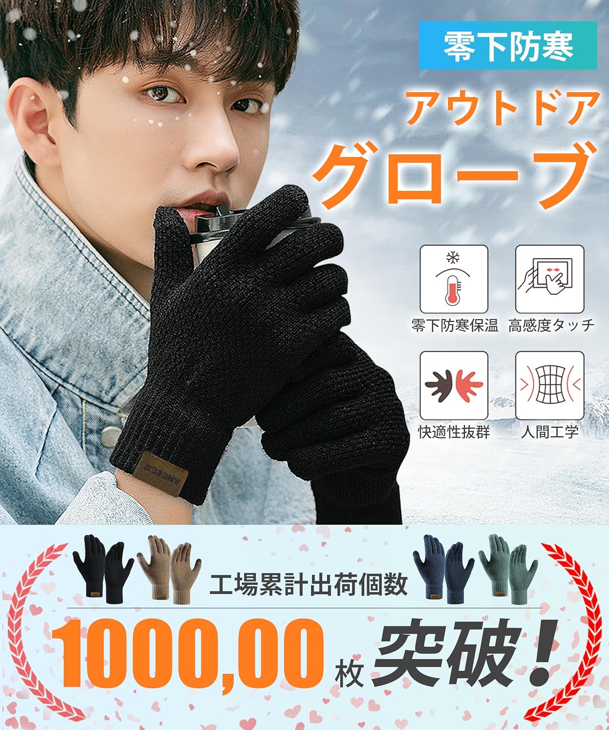 メンズ アウトドア グローブ ニット手袋 防寒・防風・高弾力性 仕事・通勤・自転車用