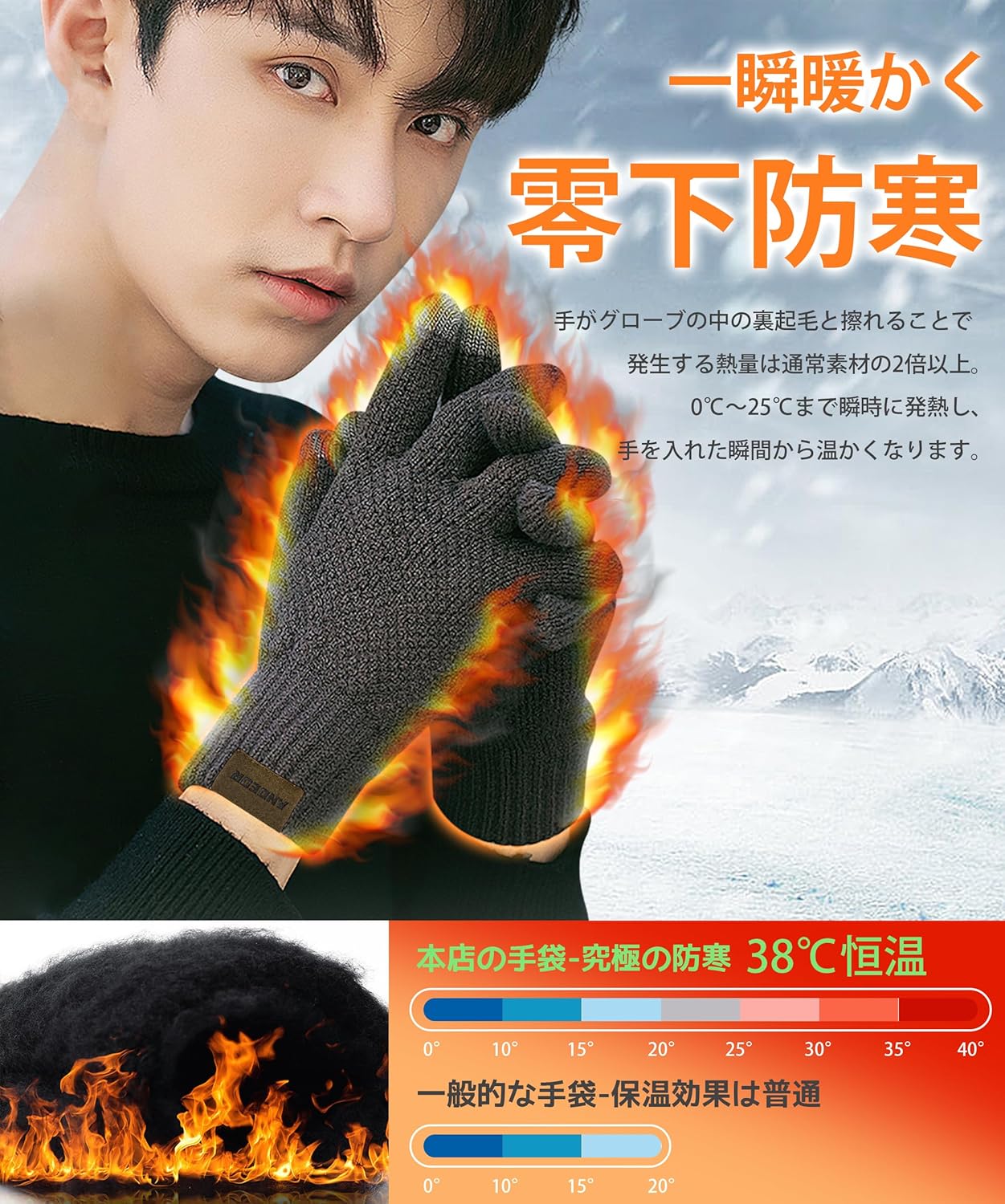 メンズ アウトドア グローブ ニット手袋 防寒・防風・高弾力性 仕事・通勤・自転車用