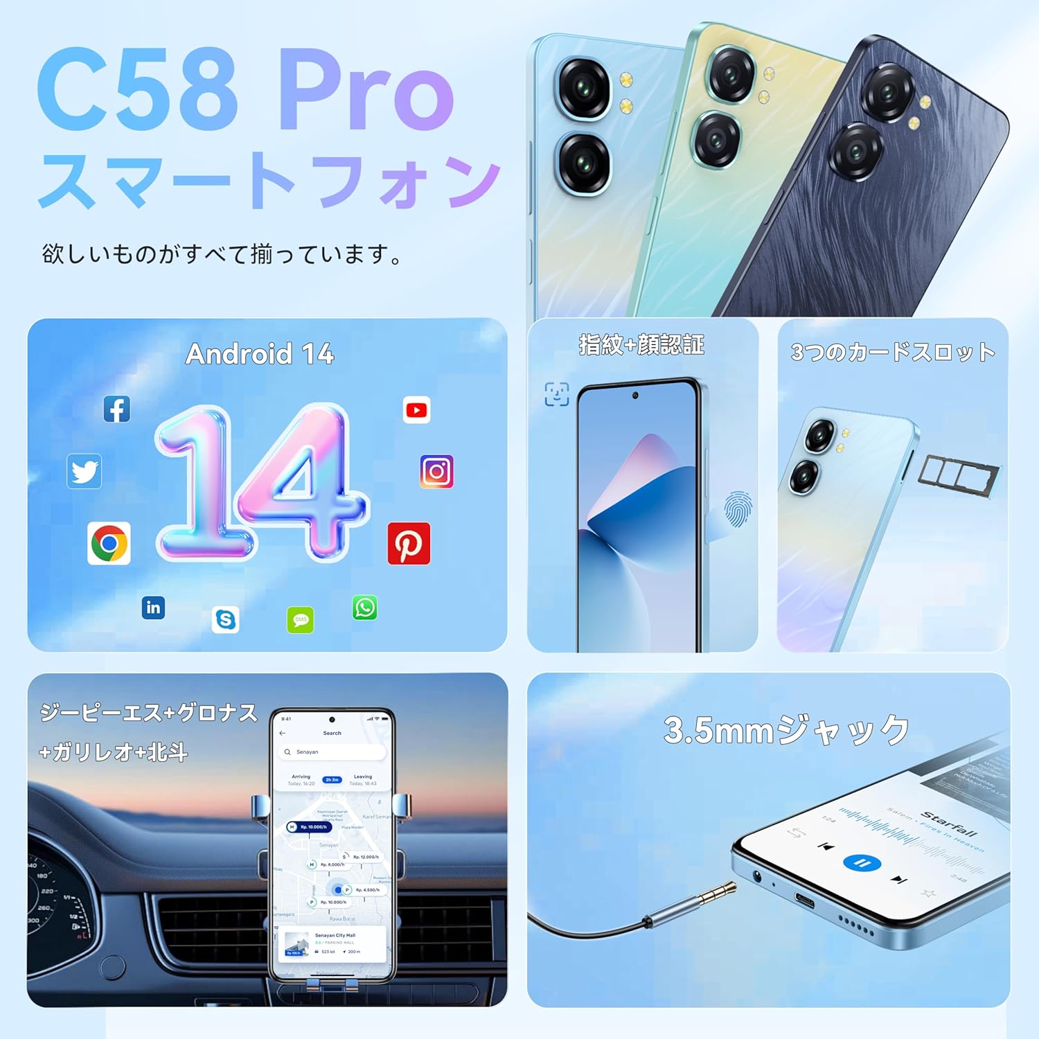 OUKITEL C58 Pro SIMフリースマートフォン - 24GB RAM/256GB ROM/1TB拡張可能/6.7インチHD+/50MPカメラ/5150mAhバッテリー/Android 14/デュアルSIM/顔認証/指紋認証（黒）