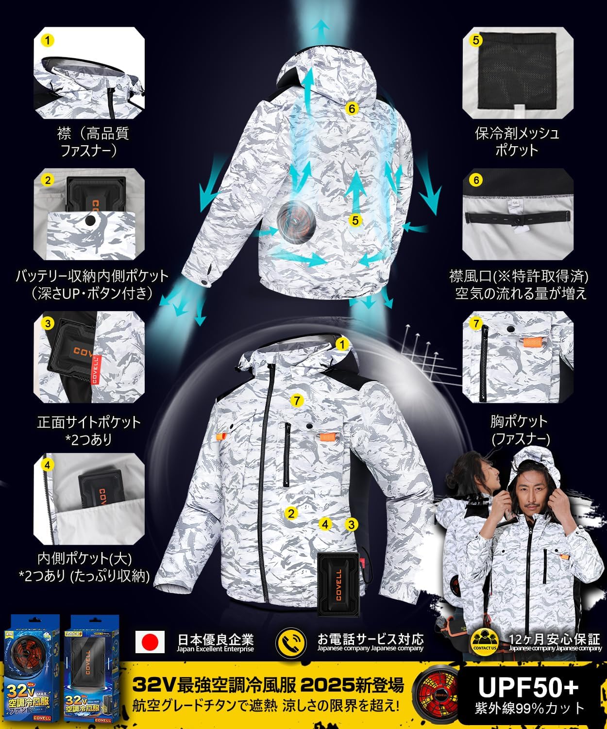 【2025年モデル 超高出力ファン付き冷風服 長袖 IP45防水/防塵】