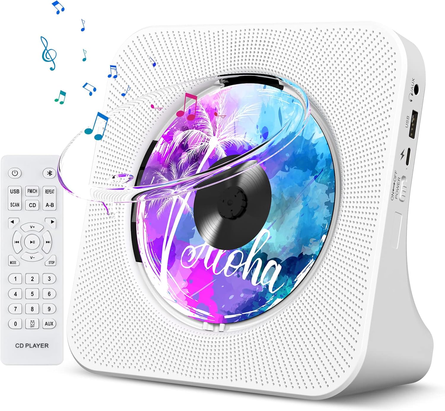 Fohil CDプレーヤー 卓上型 Bluetooth/FM/USB対応 防塵カバー付き ホワイト