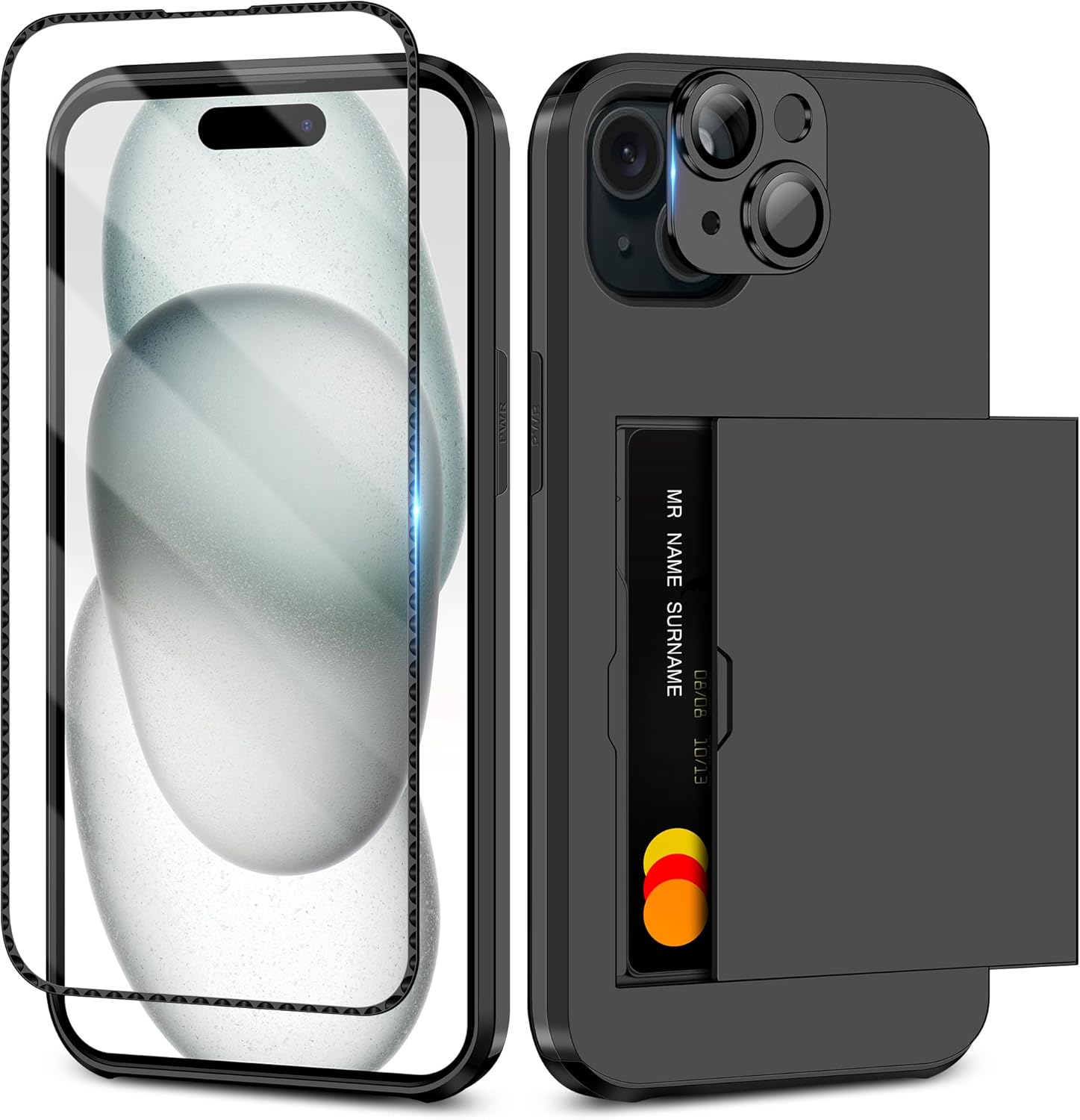 iPhone 15用カード収納付きマットシリコンケース（9H強化ガラスフィルム・カメラレンズカバー・米軍MIL規格対応）
