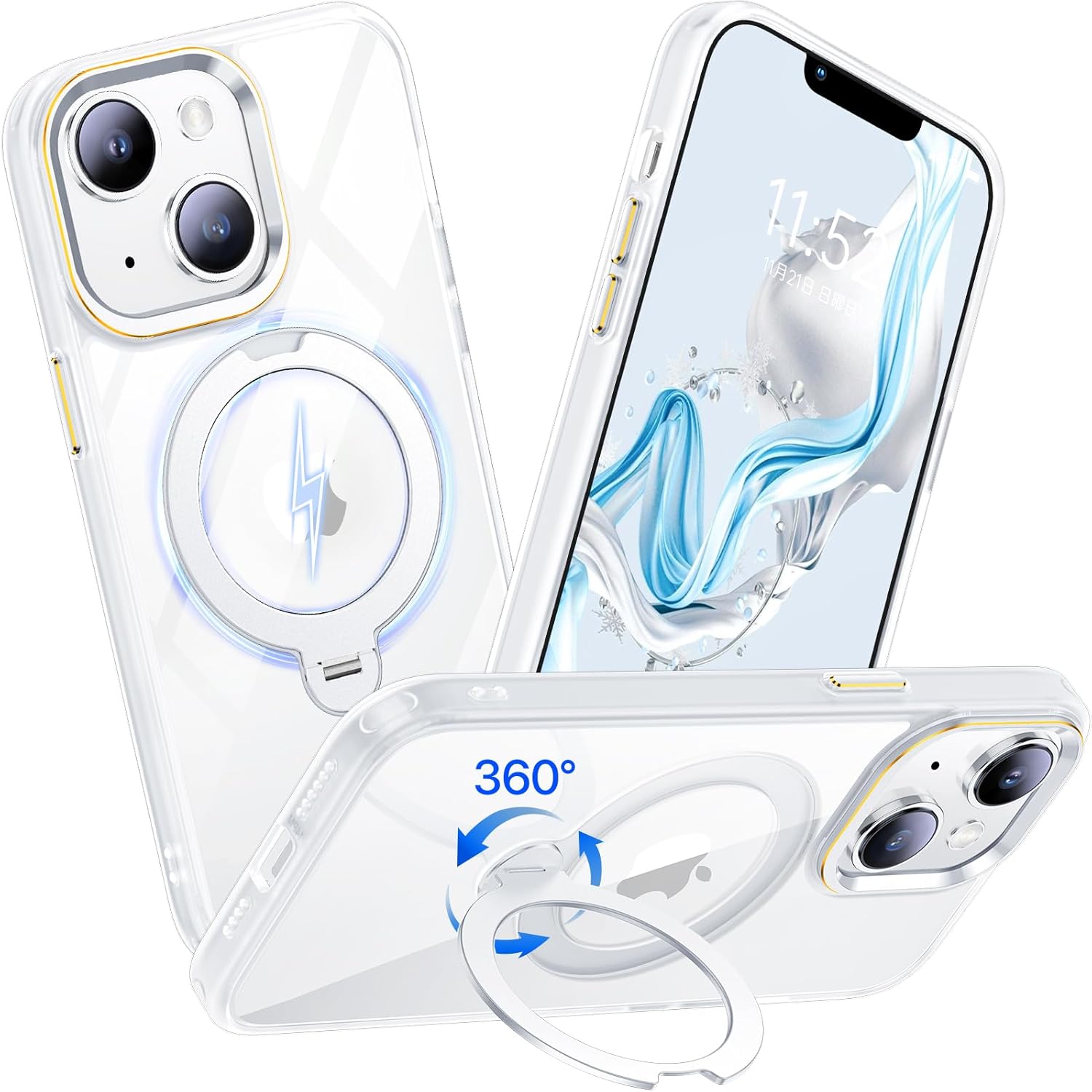iPhone 14用 耐衝撃透明ケース MagSafe対応 360°回転スタンド付き