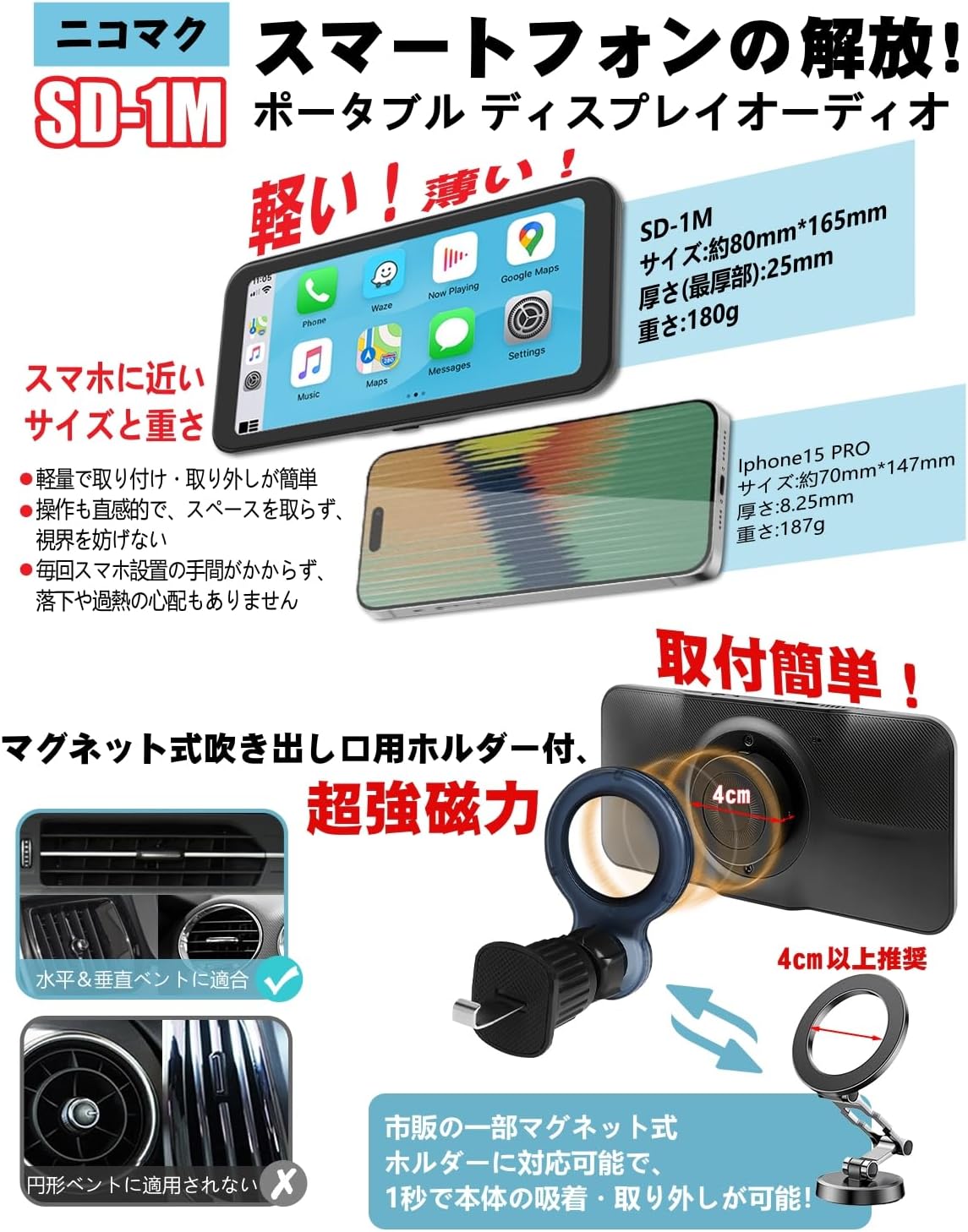 ポータブルスマートディスプレイオーディオ NikoMaku SD-1M | Carplay・Android Auto対応 | 高速接続・タッチスクリーン・エアコン吹き出し口ホルダー付
