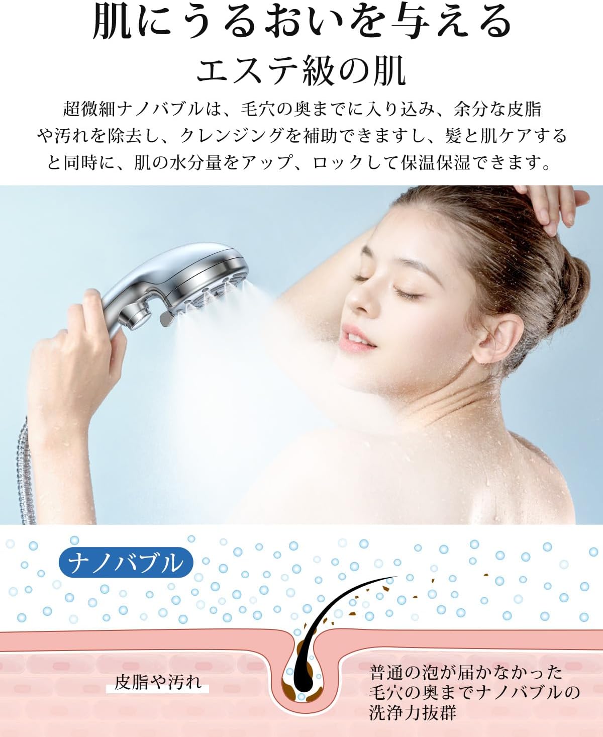 マイクロナノバブルシャワーヘッド【6段階水流・肌ケア・節水87%】シルバー