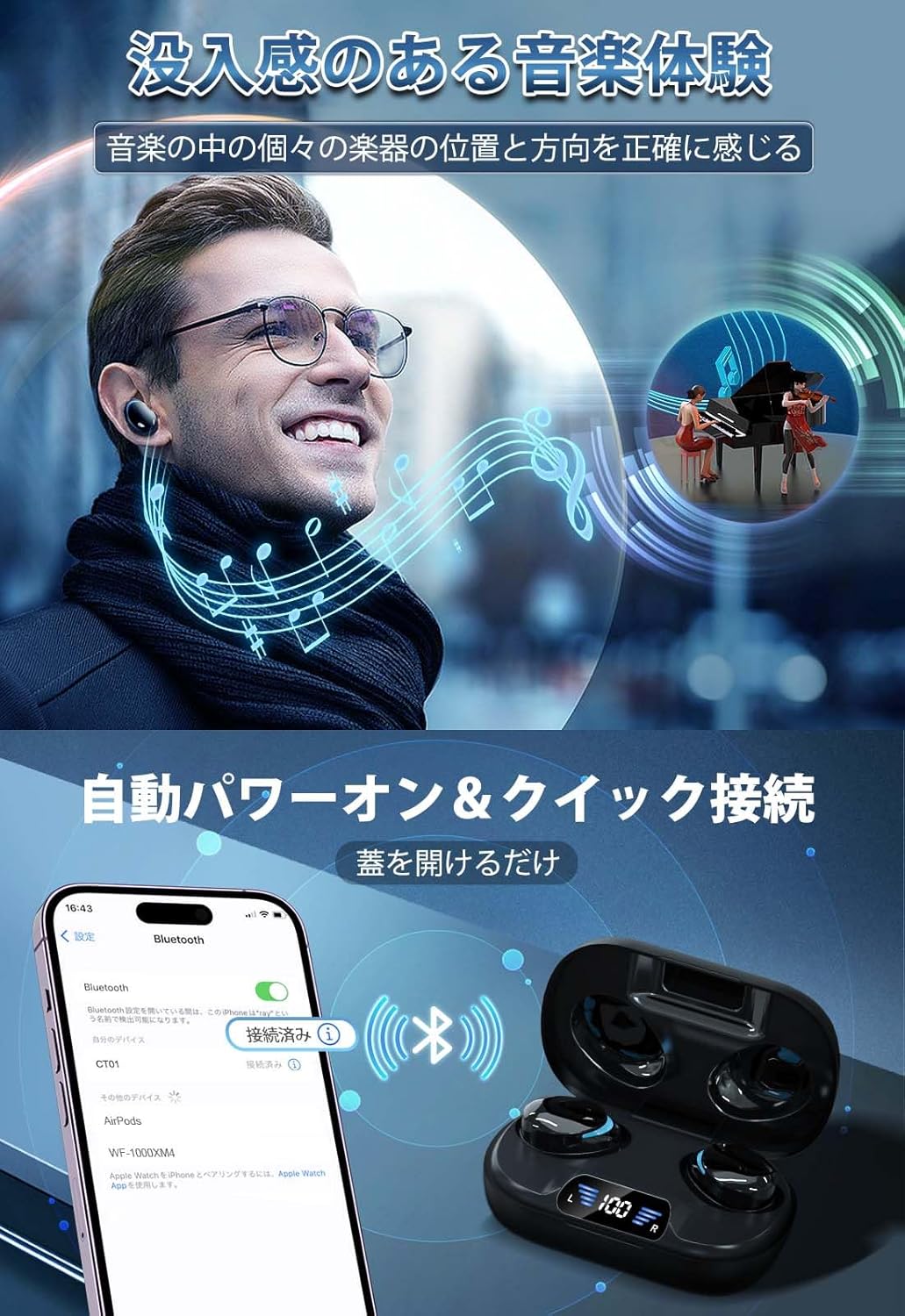 2025年新設計 Bluetooth 5.4 ワイヤレスイヤホン Hi-Fi音質 ENCノイズキャンセリング IPX7防水 片耳/両耳対応