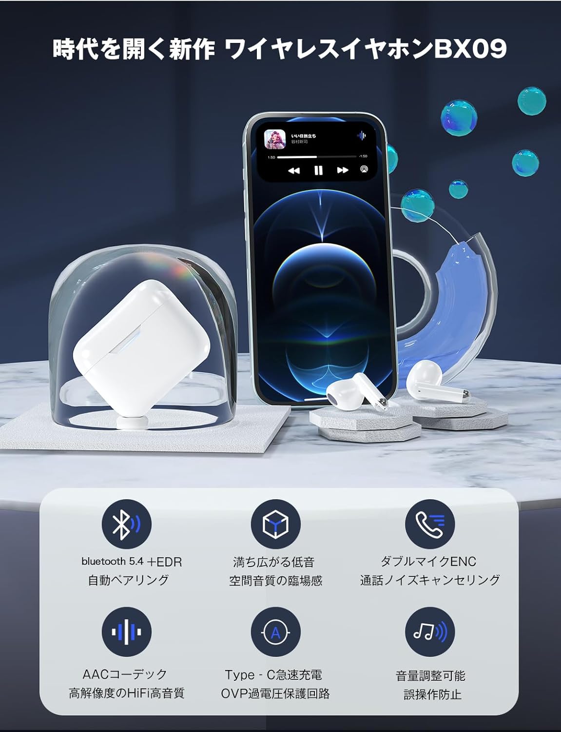 Bluetooth 5.4ワイヤレスイヤホン ダブルマイクENC CVC8.0通話ノイズキャンセリング ハンズフリー通話用
