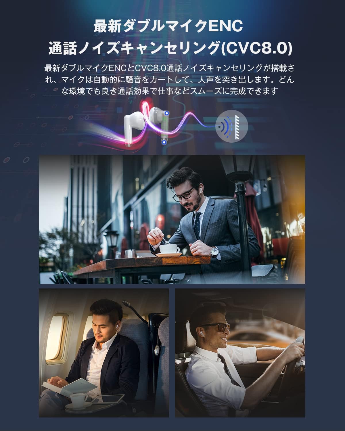 Bluetooth 5.4ワイヤレスイヤホン ダブルマイクENC CVC8.0通話ノイズキャンセリング ハンズフリー通話用