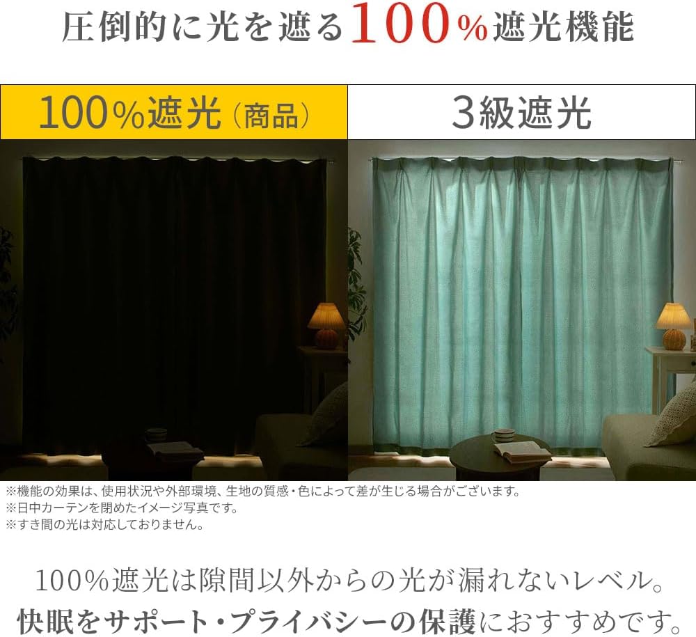 遮光1級カーテン 2枚組 防音・断熱・洗える タッセル付 100cm幅