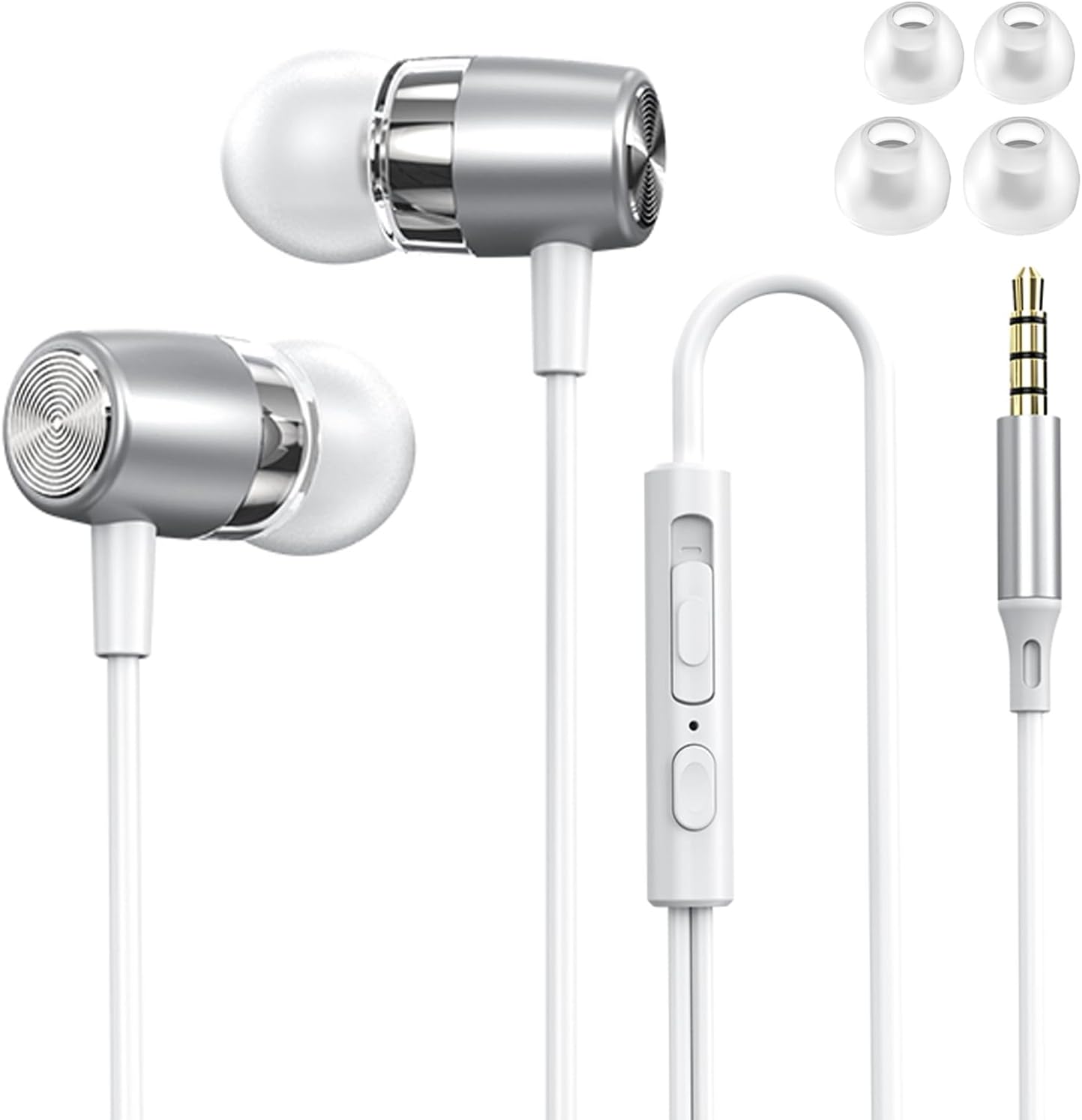 ハイレゾ音質 有線ステレオイヤホン 3.5mmジャック ノイズキャンセリング マイク付き (銀)