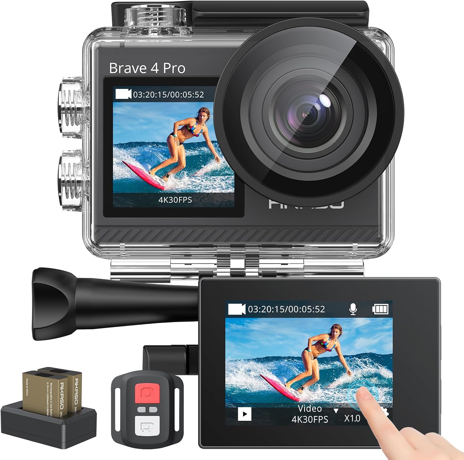 AKASO Brave 4 Pro 4K アクションカメラ - 20MP, 防水40m, 手ぶれ補正, WiFi, 170度広角, 付属品多数