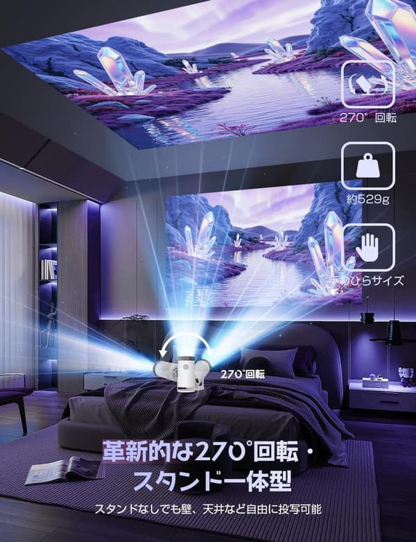 家庭用プロジェクター【4K対応・20000LM明るさ・短距離投影】Bluetooth内蔵・自動台形補正・スタンド一体型