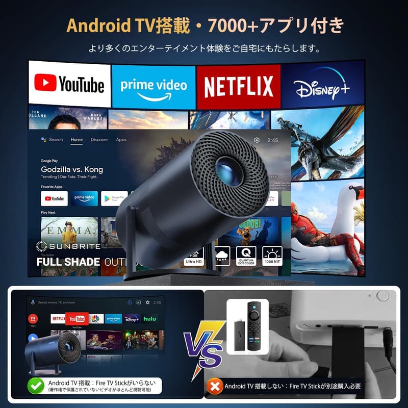 家庭用プロジェクター【Android TV・270°回転・1080P・Wi-Fi6】Bluetooth5.3・HiFiスピーカー内蔵・自動台形補正・50%ズーム機能