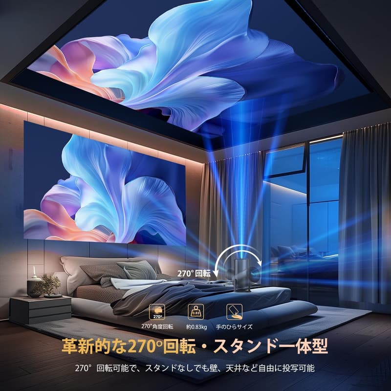 家庭用プロジェクター【Android TV・270°回転・1080P・Wi-Fi6】Bluetooth5.3・HiFiスピーカー内蔵・自動台形補正・50%ズーム機能