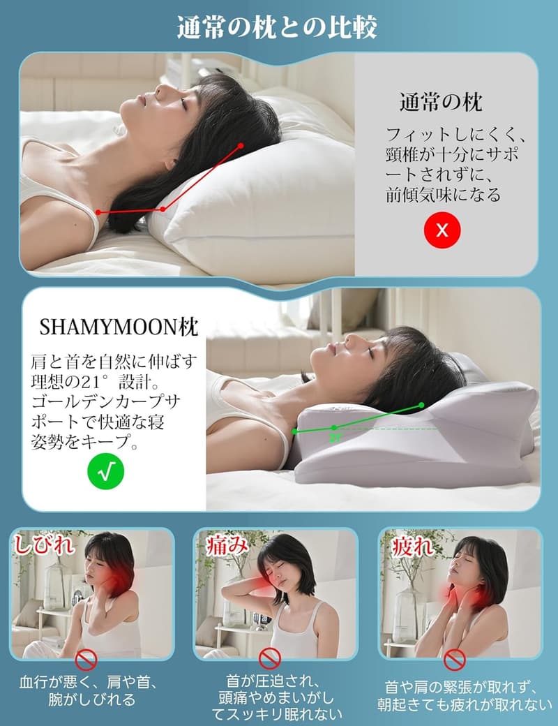 美容に特化したシルクカバーの低反発ストレートネックまくら（3D人間工学・高さ調整・安眠用）