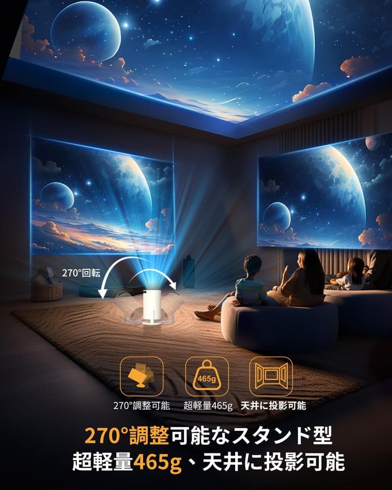 家庭用小型プロジェクター 4K対応・超軽量465g・16000LM高輝度・5GWIFI・Bluetooth5.3・内蔵HiFiスピーカー・ズーム機能・日本語取扱説明書(ホワイト)