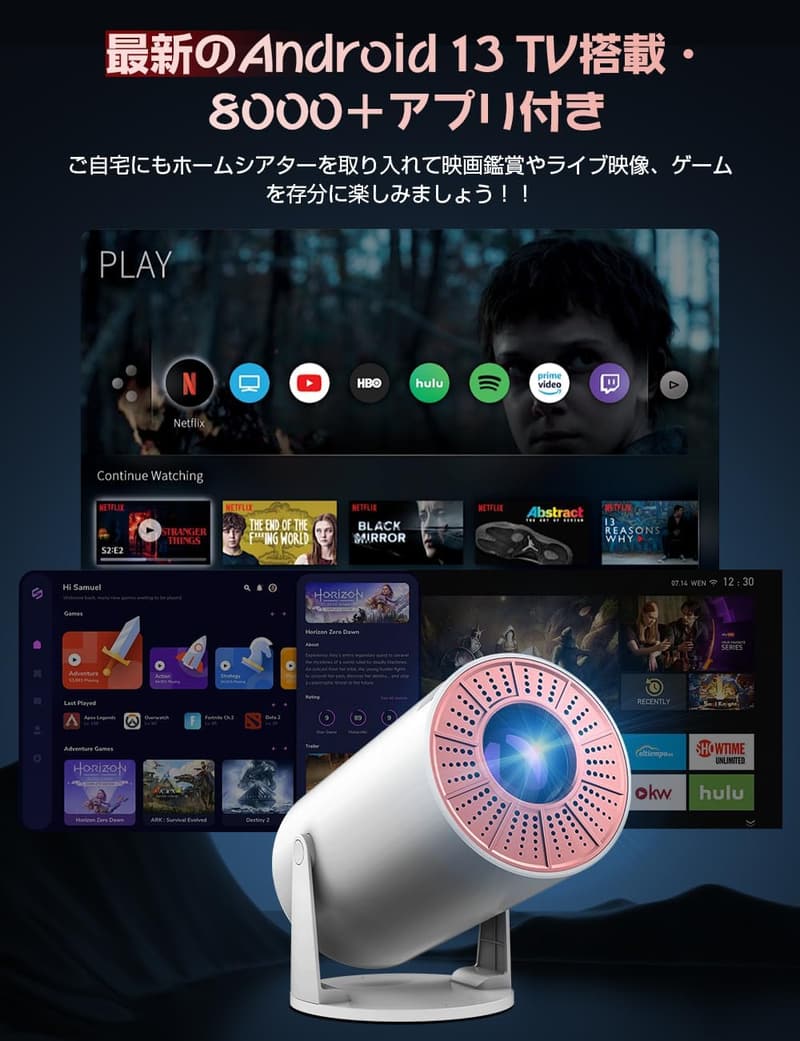 最新Android TV 13.0搭載・20000LM・4K対応小型プロジェクター【家庭用・天井投影・Bluetooth5.3】