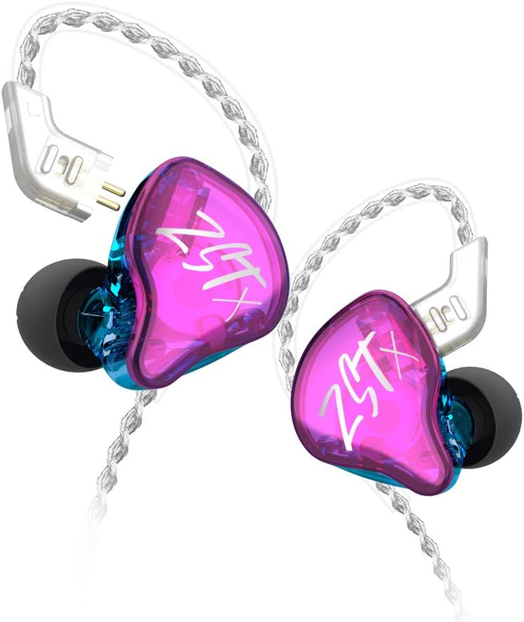 ハイブリッドイヤホン KZ ZSTX 1BA+1DD 重低音 カナル型 銀メッキ リケーブル (紫)