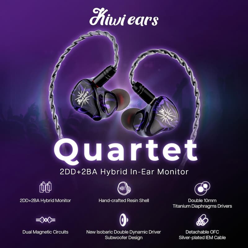 ハイブリッド型有線HiFiイヤホン - Linsoul Kiwi Ears Quartet 2DD+2BA、人間工学デザイン、リケーブル可能、3.5mmプラグ、0.78mm2pinコネクタ