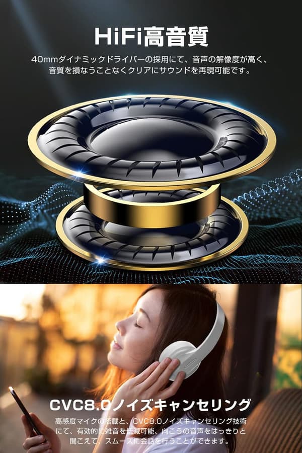 Bluetooth5.3 ワイヤレスヘッドホン ANCノイズキャンセリング HIFI音質 最大80時間再生 折りたたみ式（ホワイト）