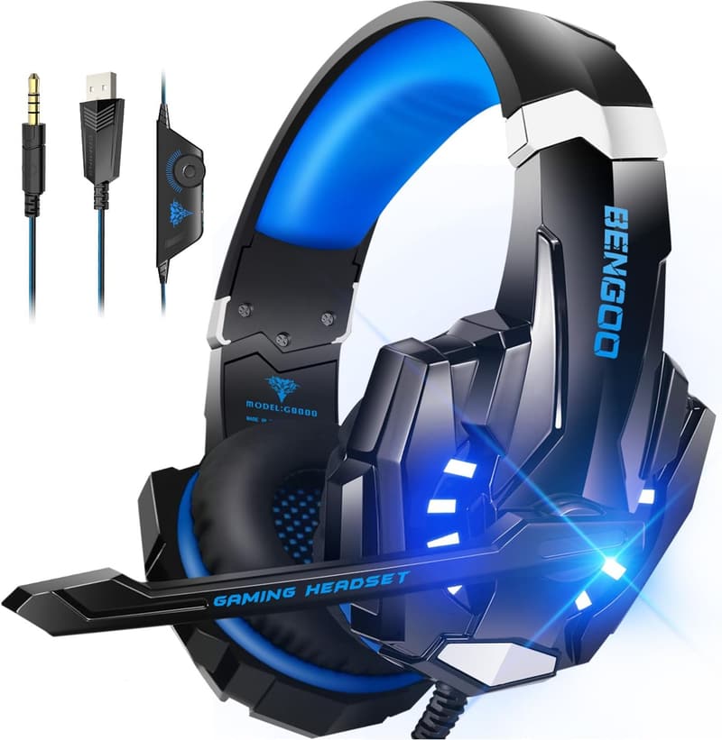 PS5対応 ノイズキャンセリングゲーミングヘッドセット (青) 3.5mm有線 軽量 重低音 ミュート機能付き