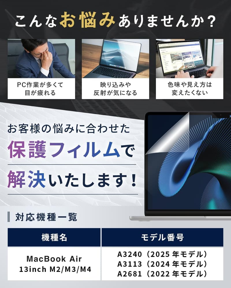 2025年 M4対応 日本製ブルーライトカット MacBook Air 13.6インチ用保護フィルム