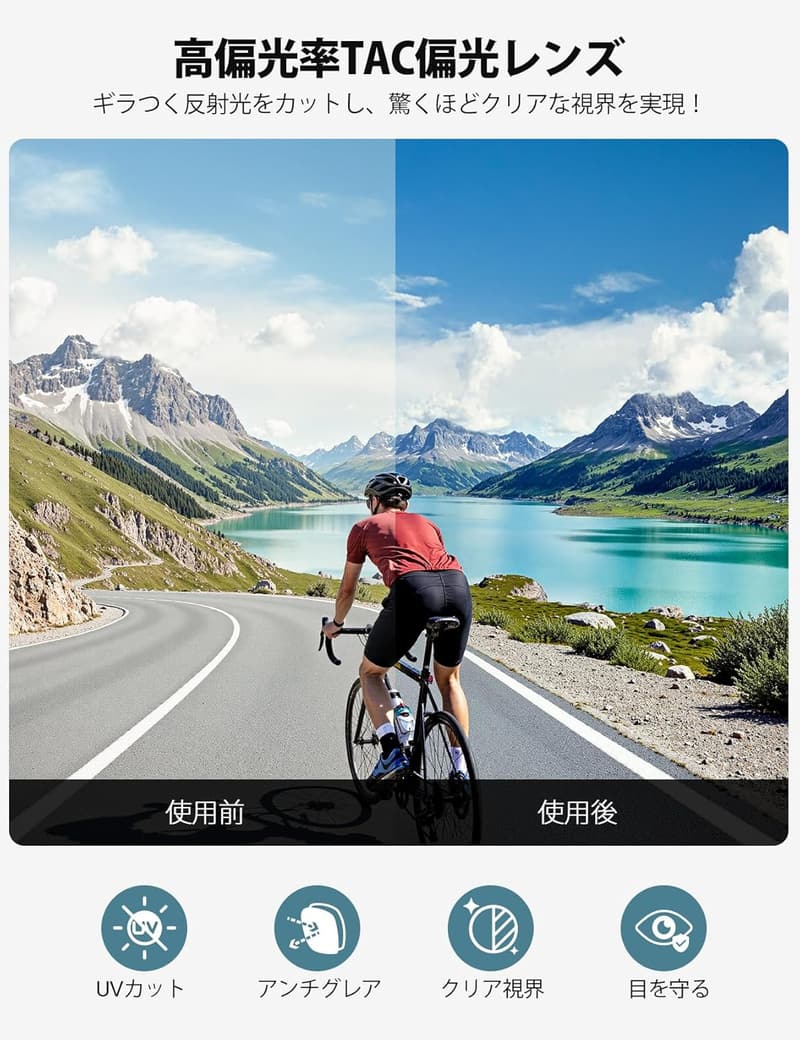 スポーツ用偏光サングラス 自転車・登山・釣り・ランニング・ドライブ対応 UV400 ミラーレンズ メンズ・レディース