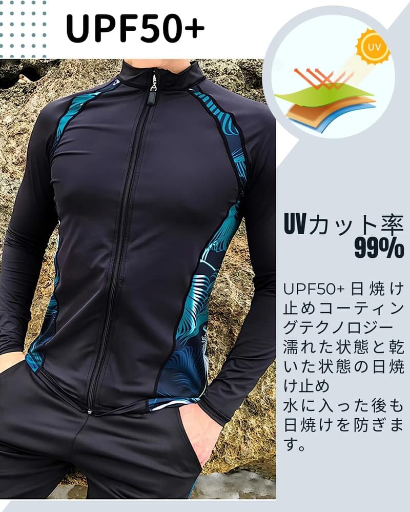 メンズ UVカット ラッシュガード水着 3点セット 長袖・レギンス・サーフパンツ