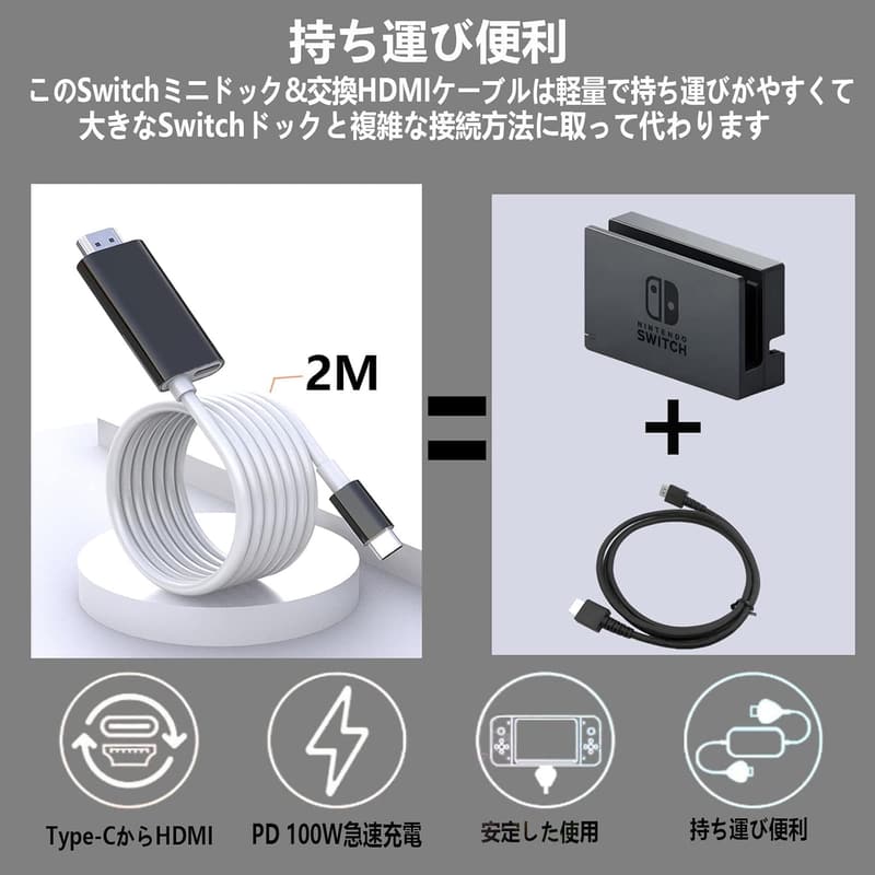 充電しながら投影できるニンテンドースイッチ用HDMIドック　4K対応コンパクト設計（ブラック/ホワイト）