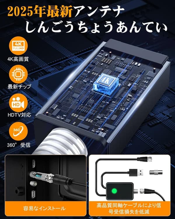 500KM受信範囲・360度全方位室内テレビアンテナ【4K HDTV対応】薄型・小型・USB信号増強