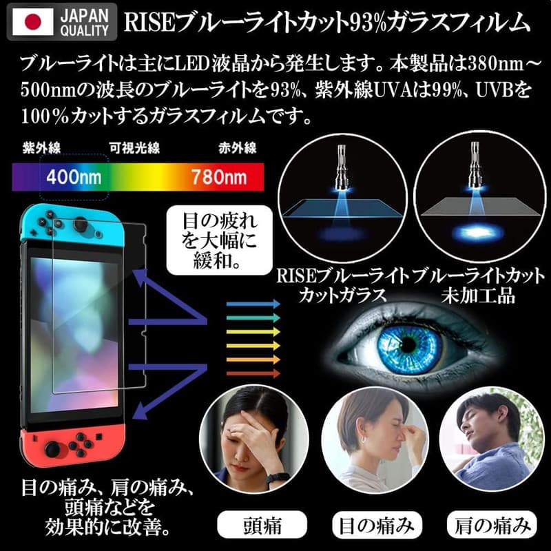 任天堂スイッチ用ブルーライトカットガラスフィルム（93%カット、硬度10H、2枚入）