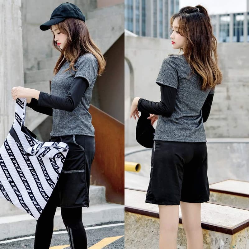 ママ向け体型カバー4点セット水着(長袖ラッシュガード・レギンス・スポーツブラ・サーフパンツ)