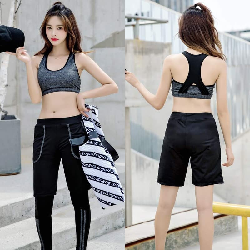 ママ向け体型カバー4点セット水着(長袖ラッシュガード・レギンス・スポーツブラ・サーフパンツ)