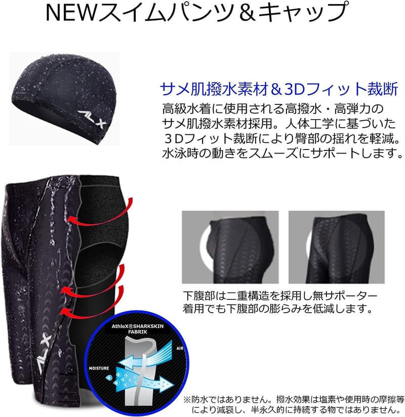 競泳用 メンズ サメ肌撥水スイムパンツ・スイムキャップ 2点セット