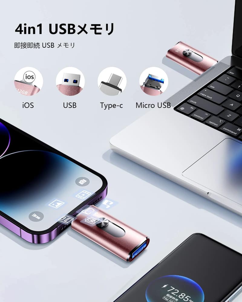 512GB 4in1スライド式USBメモリ - iOS/Type-C対応・高速データ保存用【ピンク】