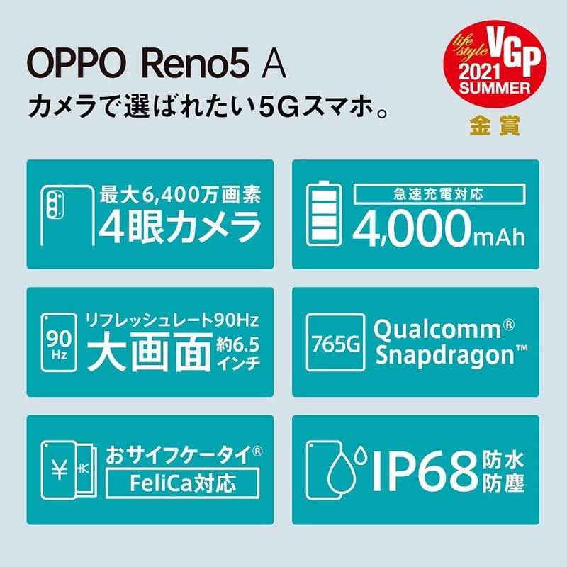 OPPO Reno5A アイスブルー 5G SIMフリー おサイフケータイ対応