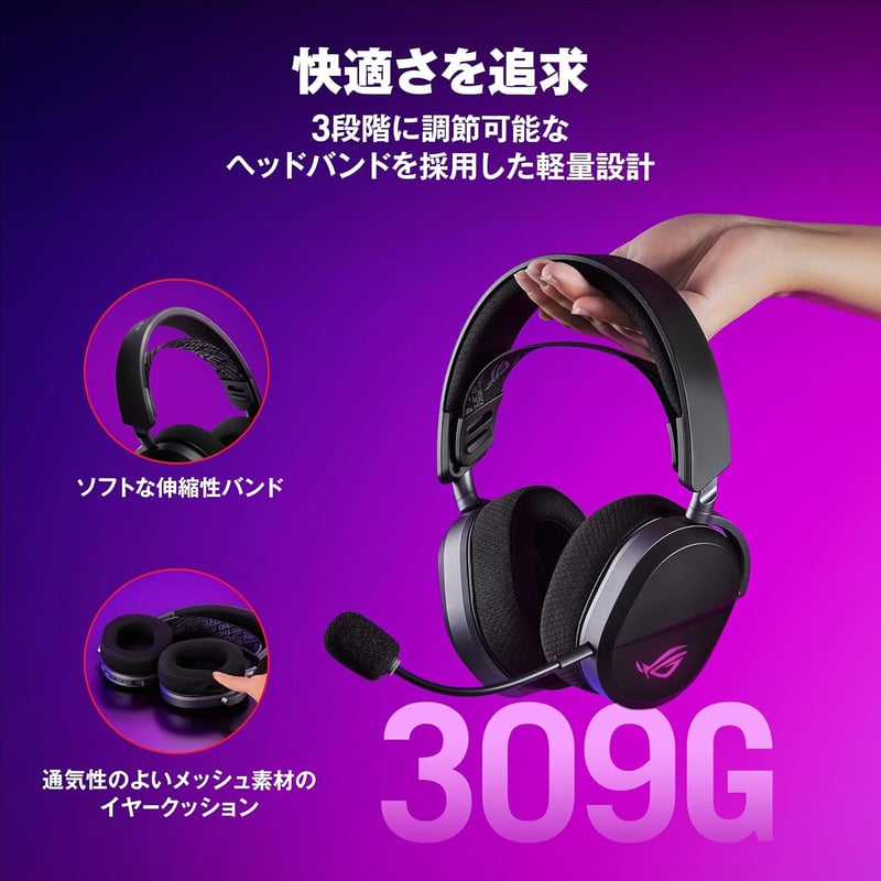 ASUS ROG Pelta ワイヤレスゲーミングヘッドセット/Bluetooth・USB-C接続/50mmドライバー/軽量309g