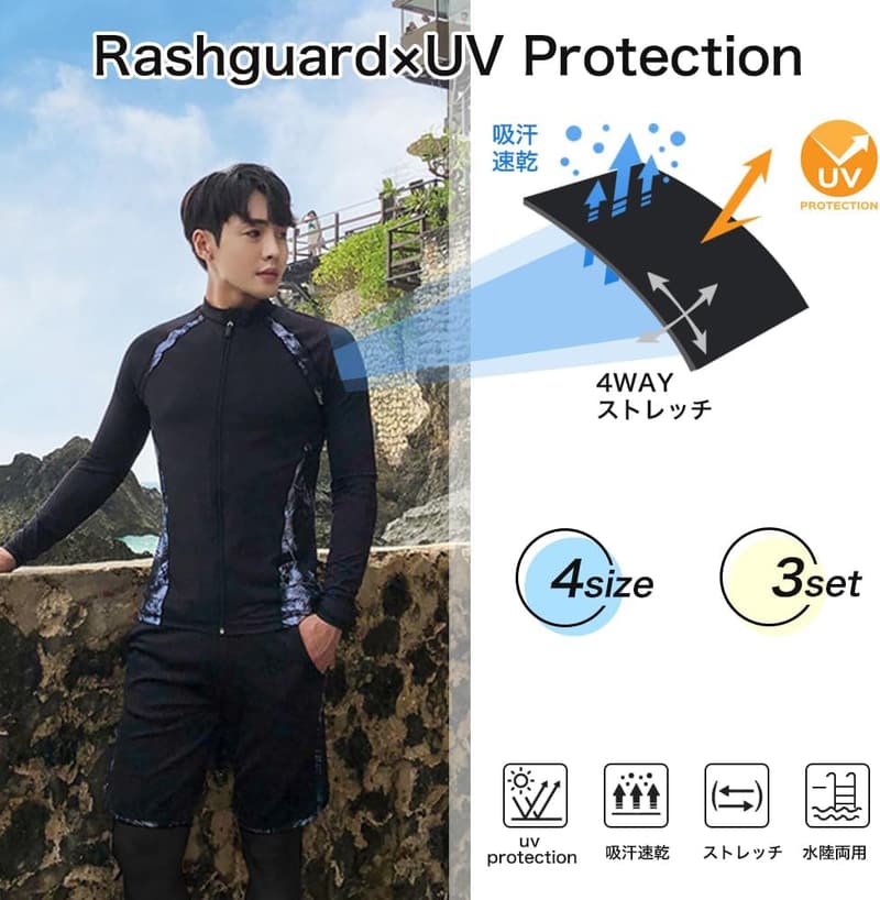 メンズ UVカット ラッシュガード 水着 3点セット フィットネス用 大きいサイズ