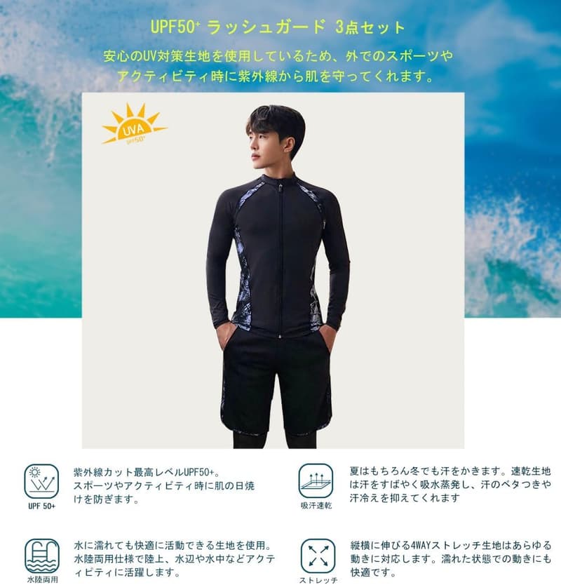 メンズ UVカット ラッシュガード 水着 3点セット フィットネス用 大きいサイズ