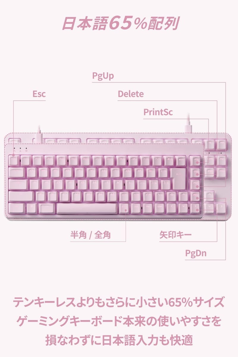 ゲーミングキーボード V-custom VK300S ピンク 65% 有線 メカニカル 銀軸 USBポート付き